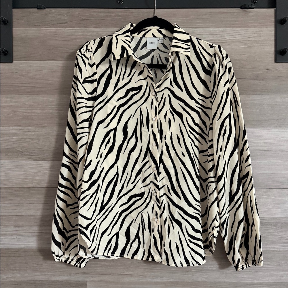 ICHI Black & Cream Zebra-Print Button-Down Shirt